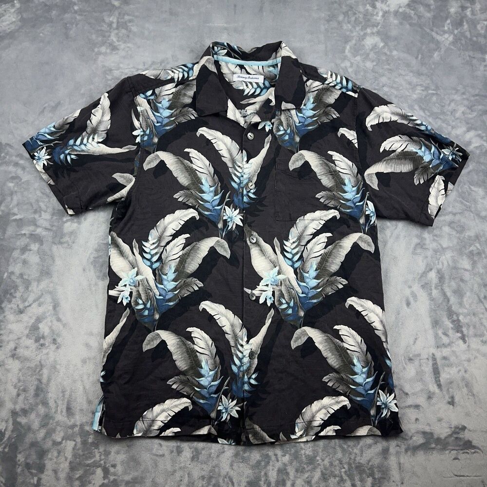 Tommy Bahama Shirt Mens Size M Black Floral Hawaiian Button Up Silk Loop Collar